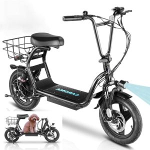 Electric Scooter with Seat and Basket for Adults, Foldable and Shock Absorbing